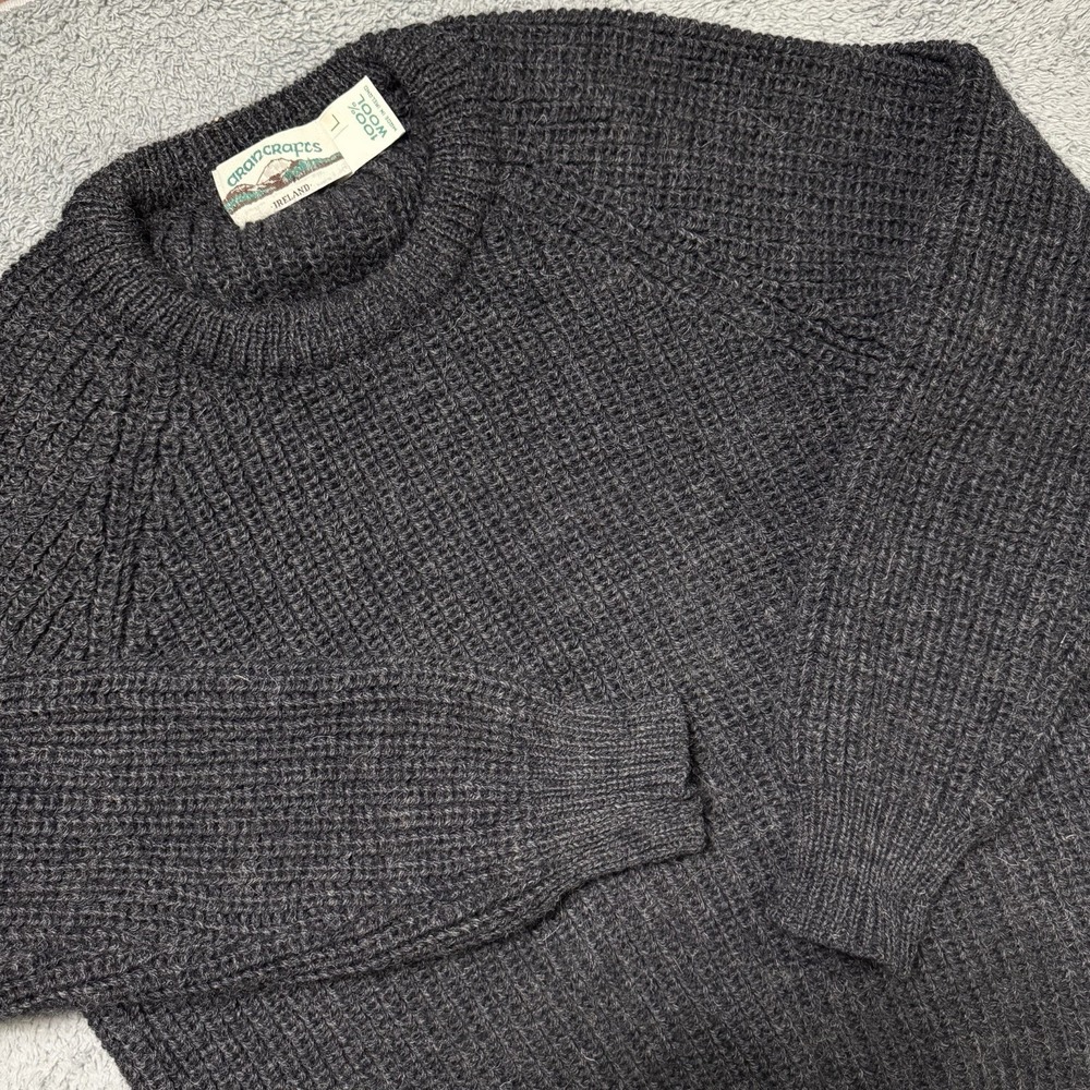 Vintage Aran Crafts Irish Fisherman Knit Sweater Dark Gray Chunky Wool Ireland